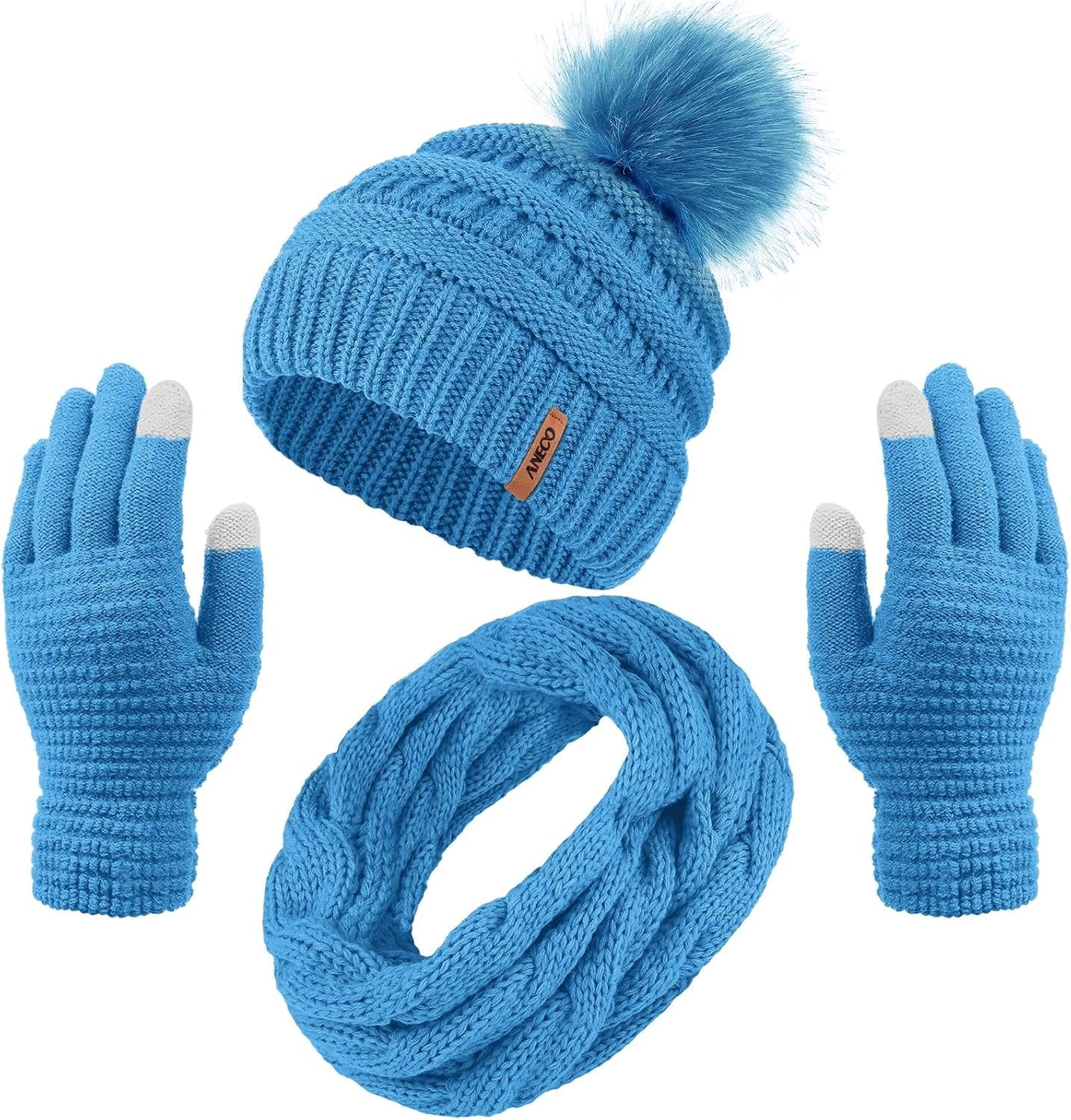 Women's Winter Warm Set: Knitted Beanie Hat with Fur Pompoms, Circle Loop Scarf, and Touch Screen Gloves