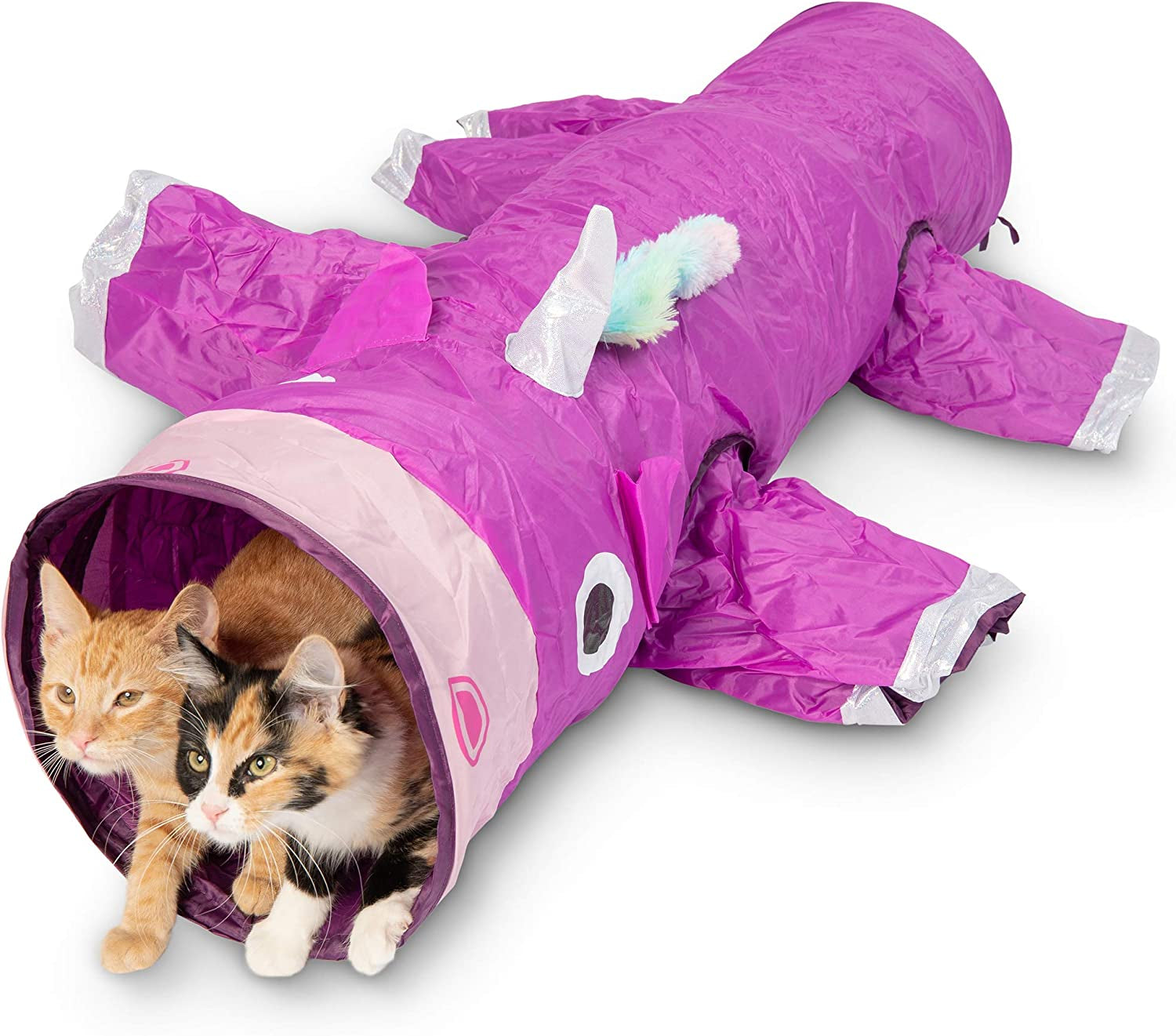 Magic Mewnicorn Multi-Cat Tunnel with Crinkle Feather String - Enrichment Toy for Dogs, Cats, Rabbits, Kittens, and Guinea Pigs for Hiding, Hunting, and Resting