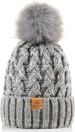 Womens Winter Ribbed Beanie with Crossed Cap, Chunky Cable Knit and Pompom - Soft and Warm Hat