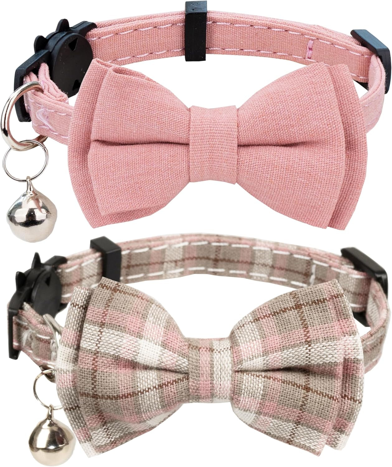 Adjustable Breakaway Cat Collars with Bells and Floral Bowties - 2 Pack in Pink Leopard and Solid Pink