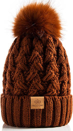 Womens Winter Ribbed Beanie with Crossed Cap, Chunky Cable Knit and Pompom - Soft and Warm Hat