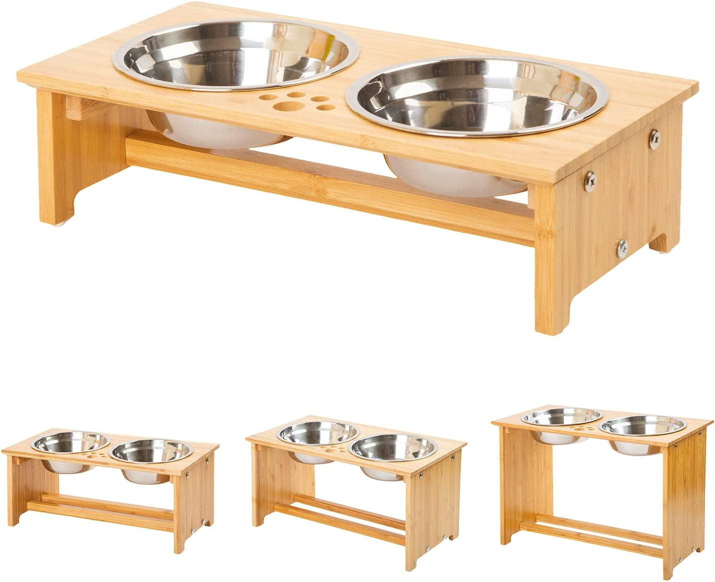 Elevated Pet Feeding Station for Cats and Small Dogs, Bamboo Stand with Two Stainless Steel Bowls and Anti-Slip Feet (4" Height, 20 Oz Capacity)