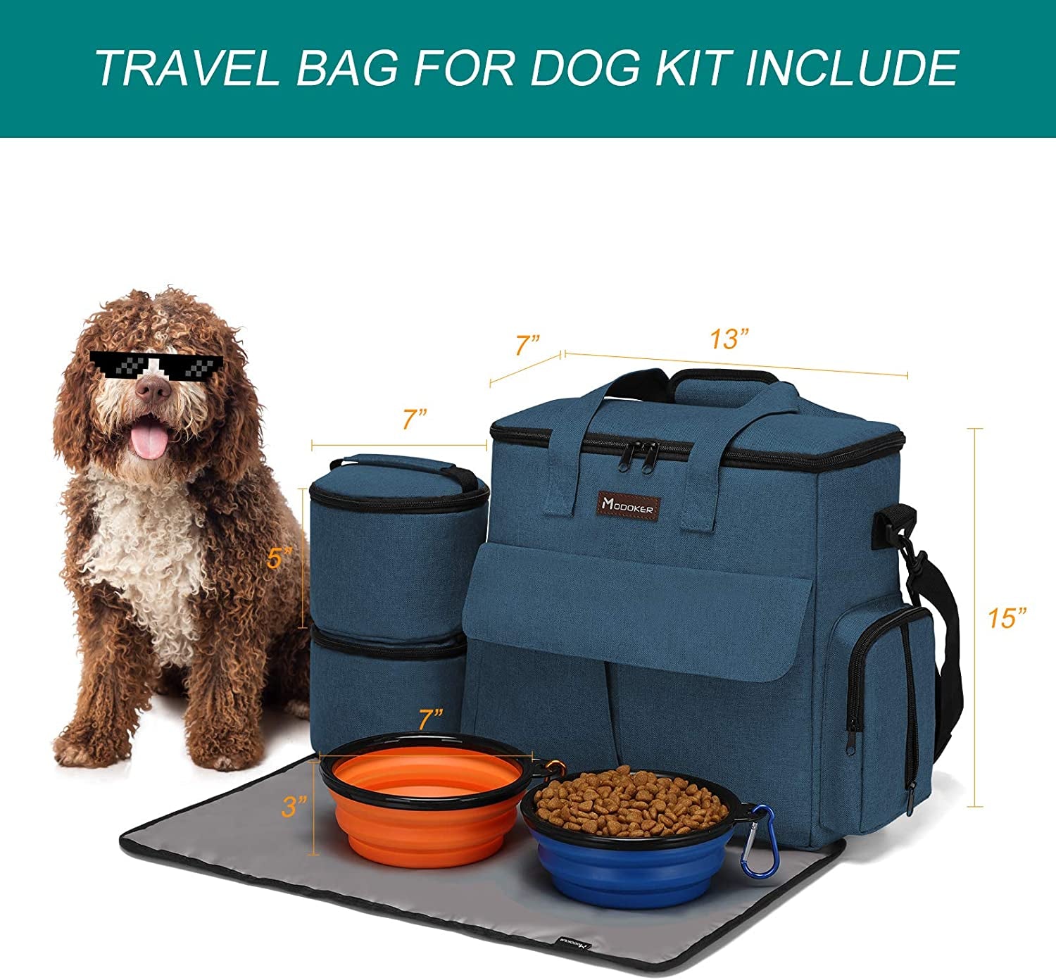 Airline-Approved Pet Travel Bag, Weekend Set for Dogs and Cats with Multi-Function Pockets, Food Storage Containers, Collapsible Bowls, and Feeding Mat (Blue)