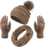 Women's Winter Warm Set: Knitted Beanie Hat with Fur Pompoms, Circle Loop Scarf, and Touch Screen Gloves