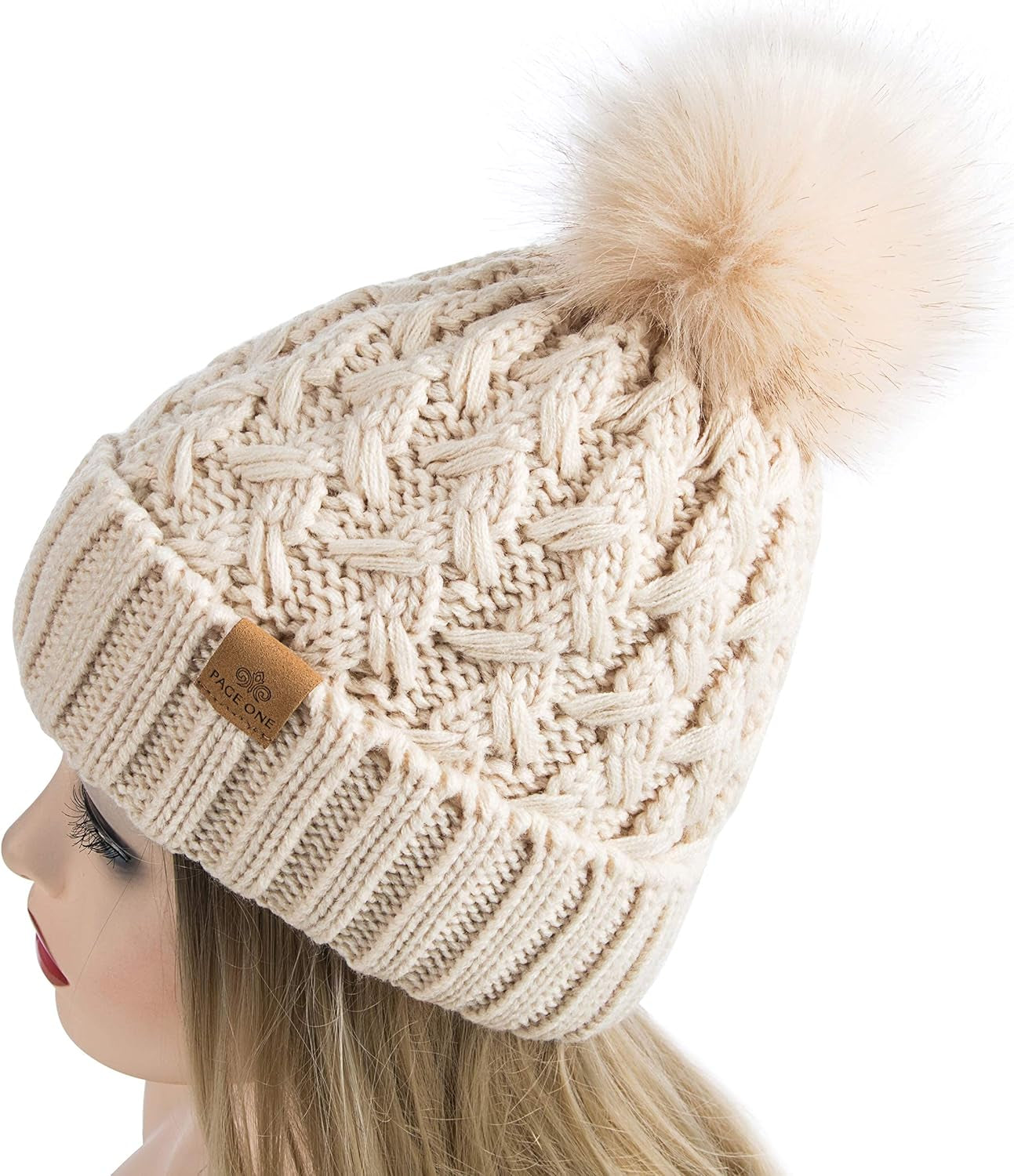 Womens Winter Ribbed Beanie with Crossed Cap, Chunky Cable Knit and Pompom - Soft and Warm Hat