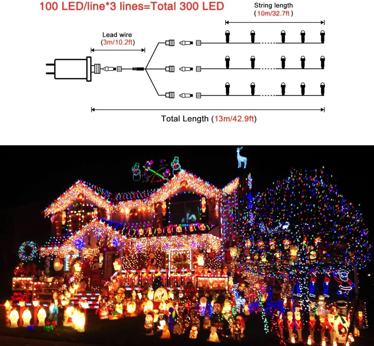 300 LED Waterproof Multicolor Christmas Lights for Outdoor and Indoor Use, 8 Modes Twinkle Fairy String Lights for Holiday, Wedding, and Garden Decoration