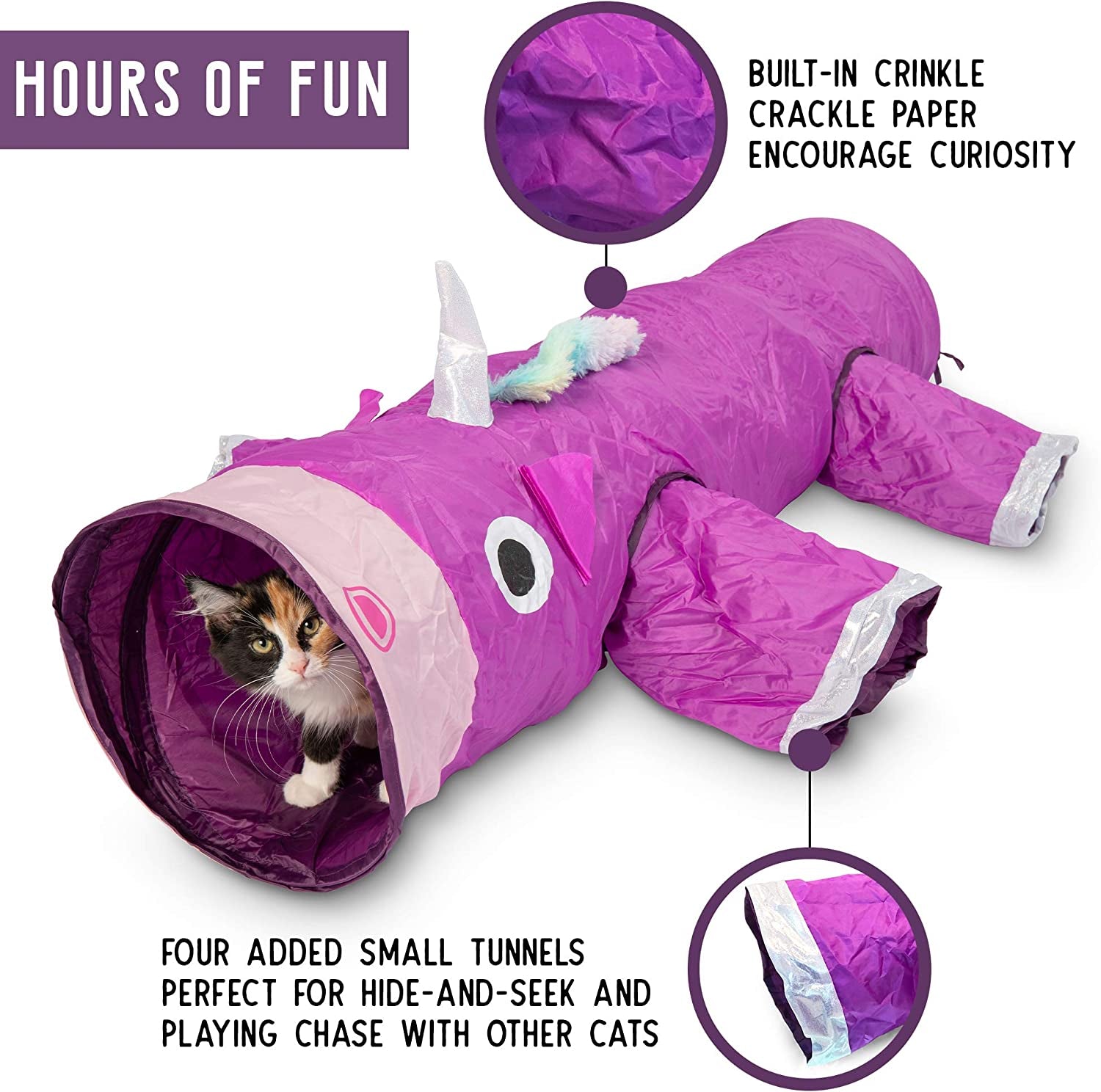 Magic Mewnicorn Multi-Cat Tunnel with Crinkle Feather String - Enrichment Toy for Dogs, Cats, Rabbits, Kittens, and Guinea Pigs for Hiding, Hunting, and Resting