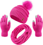 Women's Winter Warm Set: Knitted Beanie Hat with Fur Pompoms, Circle Loop Scarf, and Touch Screen Gloves