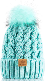 Womens Winter Ribbed Beanie with Crossed Cap, Chunky Cable Knit and Pompom - Soft and Warm Hat