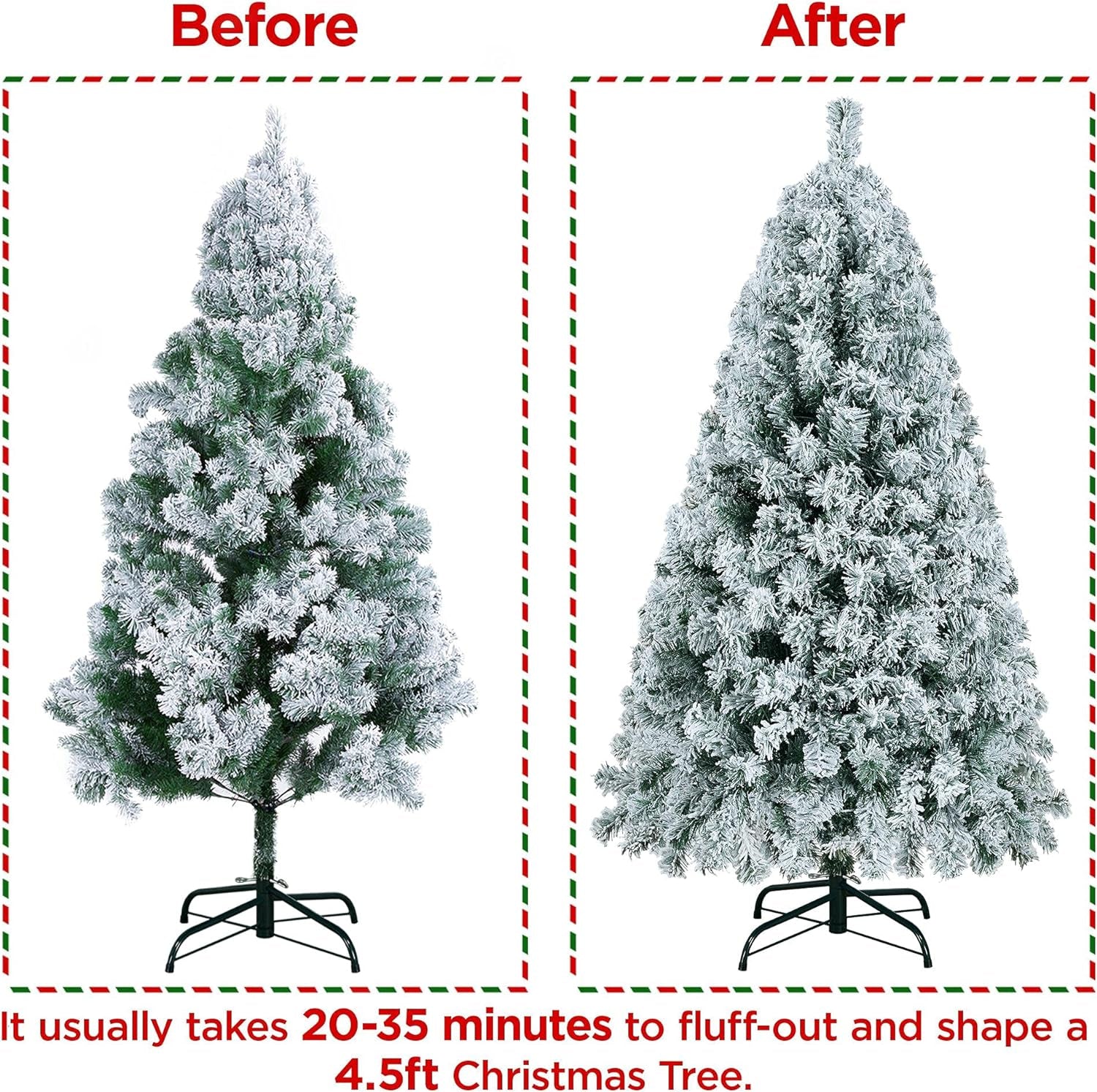 4.5Ft Pre-Lit Snow Flocked Artificial Christmas Tree with 150 Incandescent Warm White Lights and 340 Branch Tips, Includes Foldable Stand, Green & White