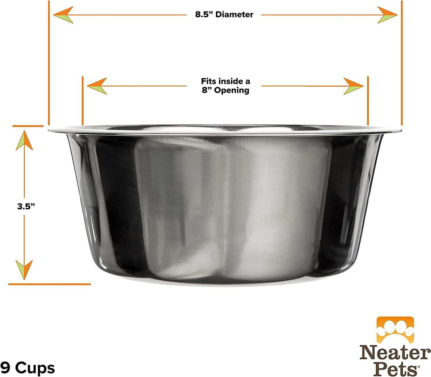 Large Deluxe Stainless Steel Replacement Bowl for Dogs and Cats - 9 Cup Metal Food and Water Dish