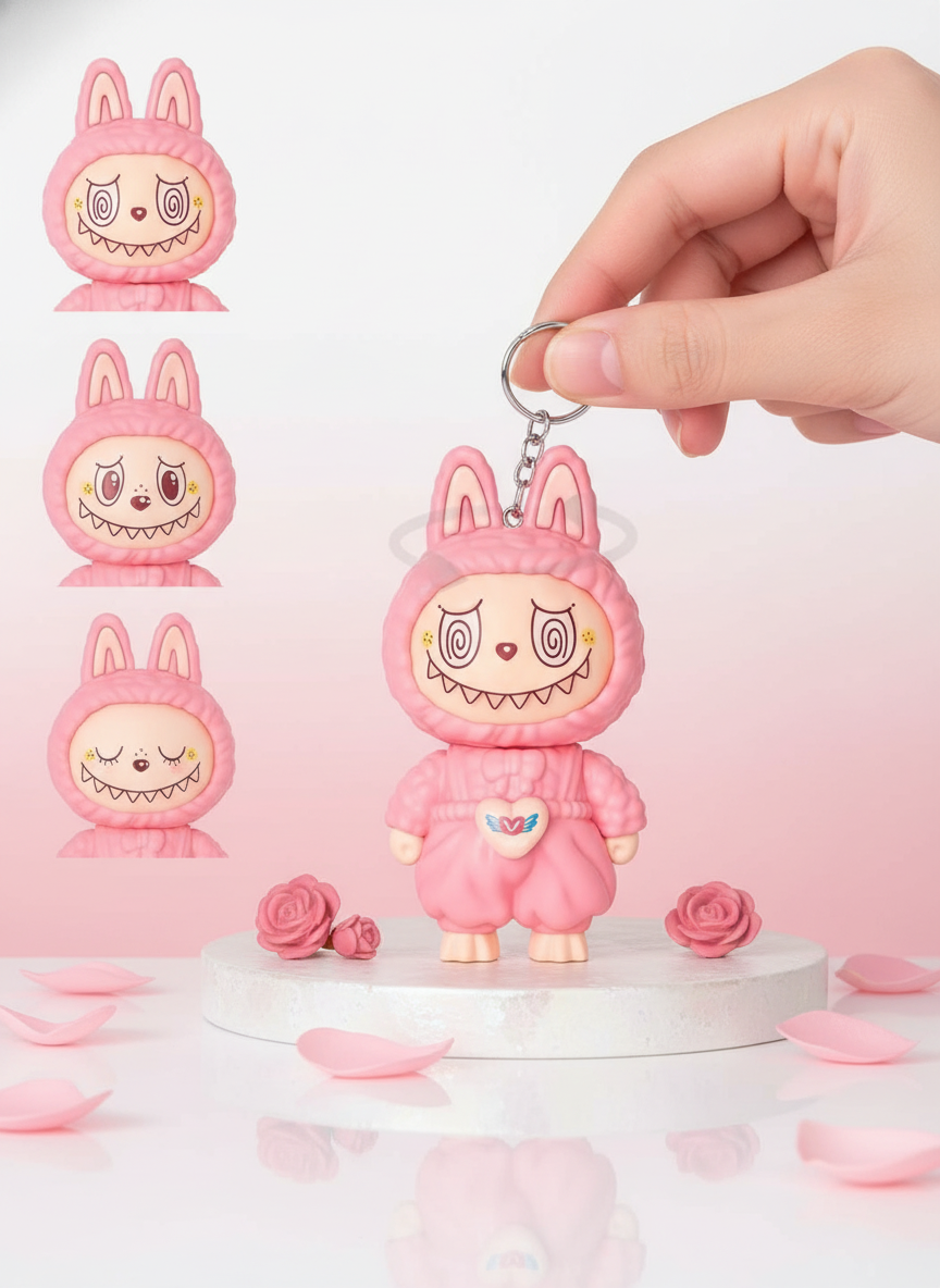 Labubu Face Changing Keychain, featuring a rotating face with multiple expressions, set against a bright white and blush pink