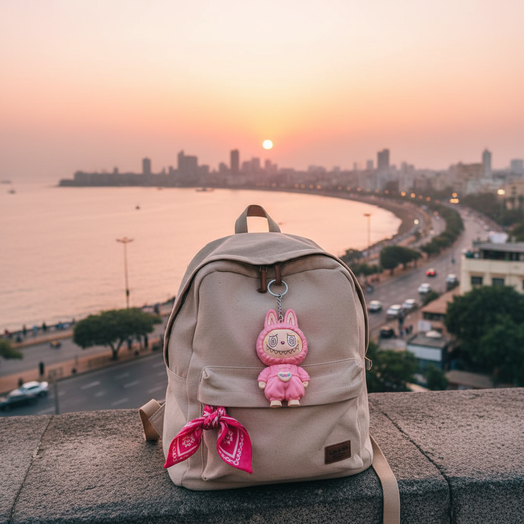 A Labubu Face Changing Keychain on a backpack, overlooking Marine Drive in Mumbai at sunset.