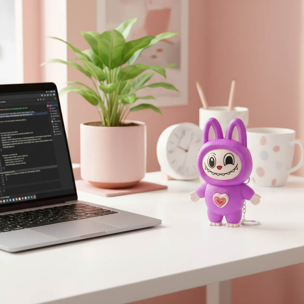 Labubu Face Changing Keychain on a desk next to a laptop displaying code, in an Indian home office setting.