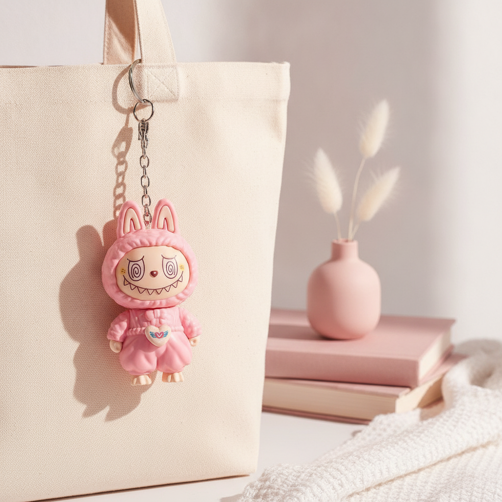 A Labubu Face Changing Keychain with an expressive face hangs from a light-colored canvas tote bag, reflecting a casual, user