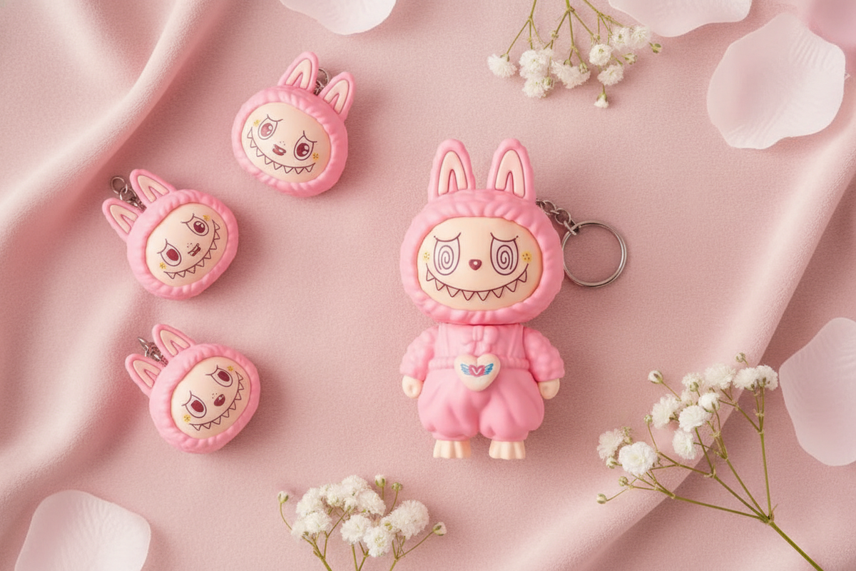 Labubu Face Changing Keychain on blush pink fabric with white flowers, no text.
